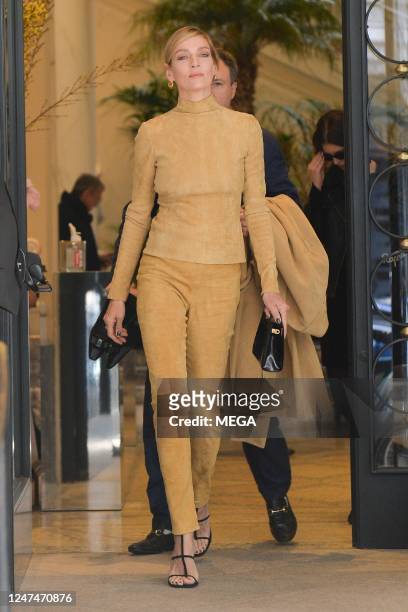 Uma Thurman is seen at the Salvatore Ferragamo fashion show on February 25, 2023 in Milan, Italy.