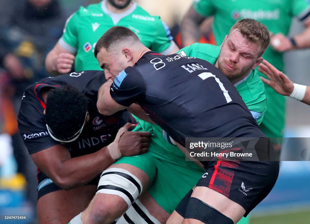 Callum Ress Rugby Callum Chick of Newcastle Falcons is tackled by Ben Earl of Saracens ...