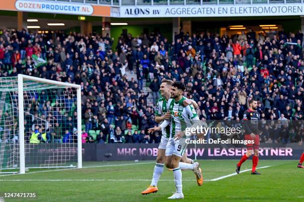 Ricardo Pepi of FC Groningen scores the 2-0 celebrating his goal with teammates during the Dutch Eredivisie match between FC Groningen and SBV...