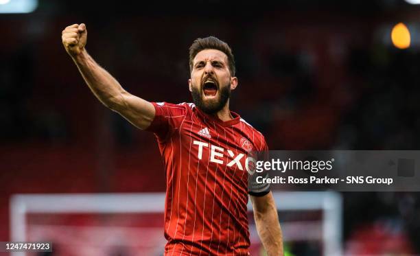 Aberdeen Captain Graeme Shinnie celebrates at Full Time during a cinch Premiership match between Aberdeen and Livingston at Pittodrie Stadium, on...