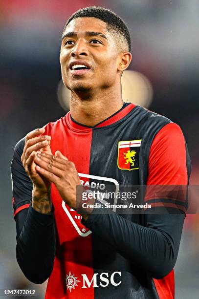 Eddie Salcedo of Genoa greets the crowd after the Serie B match between Genoa CFC and Spal at Stadio Luigi Ferraris on February 25, 2023 in Genoa,...