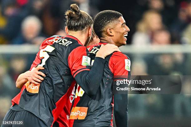 Eddie Salcedo of Genoa celebrates with his team-mates Radu Dragusin and Albert Gudmundsson after the Serie B match between Genoa CFC and Spal at...