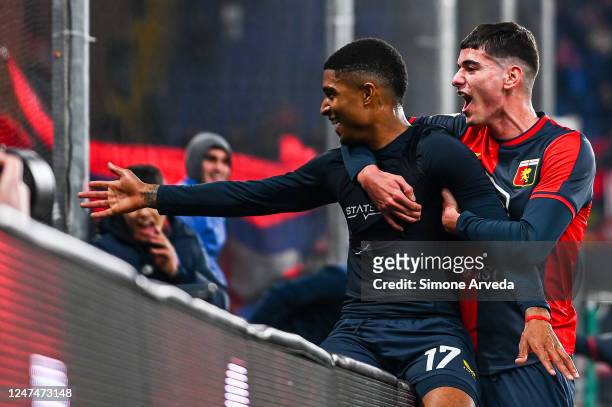 Eddie Salcedo of Genoa celebrates with his team-mate Luca Lipani after scoring a goal during the Serie B match between Genoa CFC and Spal at Stadio...