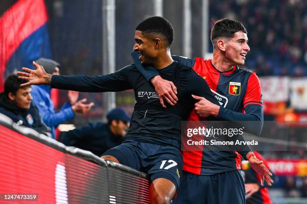 Eddie Salcedo of Genoa celebrates with his team-mate Luca Lipani after scoring a goal during the Serie B match between Genoa CFC and Spal at Stadio...