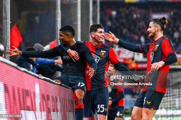 Eddie Salcedo of Genoa celebrates with his team-mates Luca Lipani and Radu Dragusin after scoring a goal during the Serie B match between Genoa CFC...