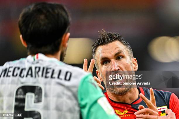 Kevin Strootman of Genoa argues with Biagio Meccariello of Spal during the Serie B match between Genoa CFC and Spal at Stadio Luigi Ferraris on...