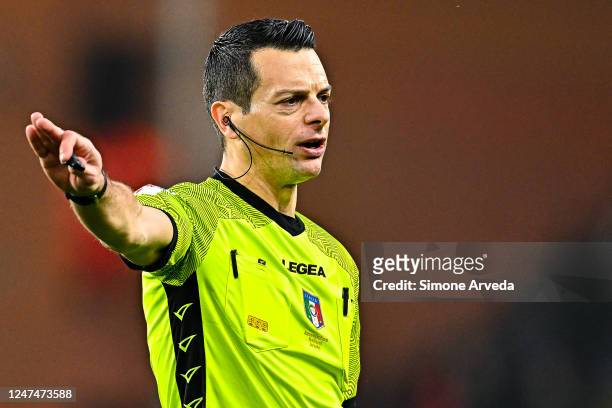 Referee Ivano Pezzuto reacts during the Serie B match between Genoa CFC and Spal at Stadio Luigi Ferraris on February 25, 2023 in Genoa, Italy.