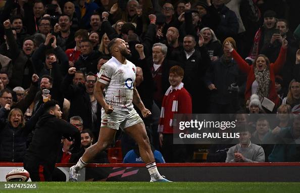 Lawrence Rugby England's centre Ollie Lawrence celebrates after scoring the team's ...