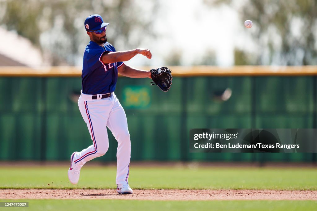 Spring Marcus Marcus Semien of the Texas Rangers throws a ball during a spring ...