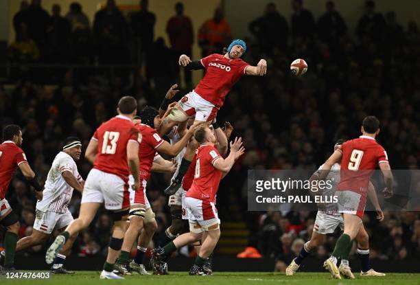 Wales' flanker Justin Tipuric vies for the ball in a line-out during the Six Nations international rugby union match between Wales and England at the...