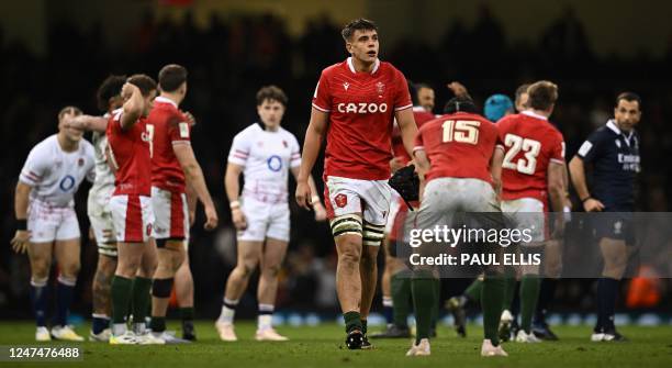 Wales' Dafydd Jenkins leaves the pitch after the Six Nations international rugby union match between Wales and England at the Principality Stadium in...