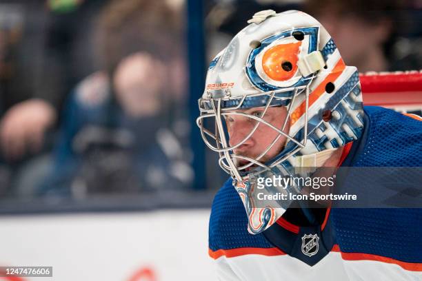 Edmonton Oilers goaltender Jack Campbell looks on during the game between the Columbus Blue Jackets and the Edmonton Oilers at Nationwide Arena in...