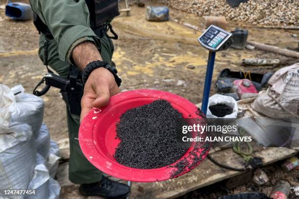 An officer of the Brazilian Institute of Environment and Renewable Natural Resources shows cassiterite found at an illegal mining camp, known as...