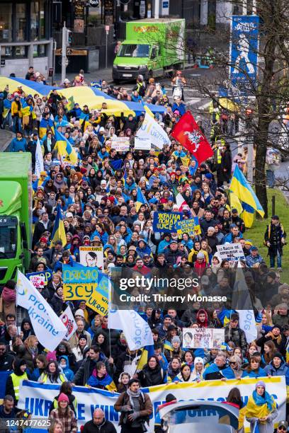 Ukrainians demonstrate in the street of Brussels under the slogan: 'If Ukraine wins - Democracy wins' for the first anniversary of the invasion of...