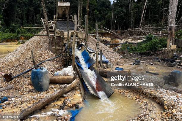 Structure to remove gold and cassiterite is pictured at an illegal mining camp, known as garimpo, during an operation by the Brazilian Institute of...