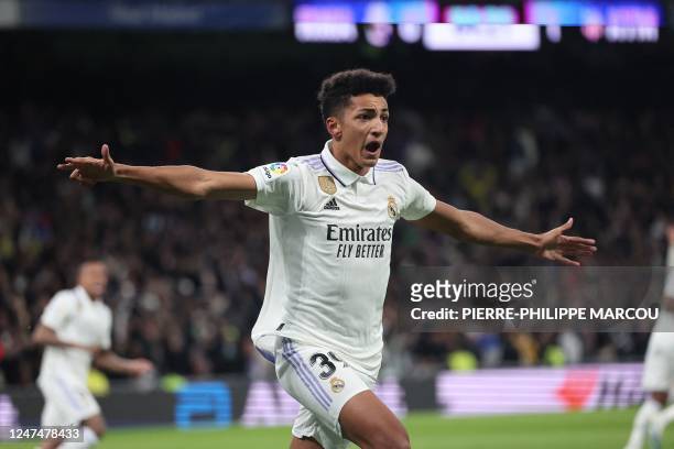 Real Madrid's Uruguayan forward Alvaro Rodriguez celebrates scoring his team's first goal during the Spanish League football match between Real...
