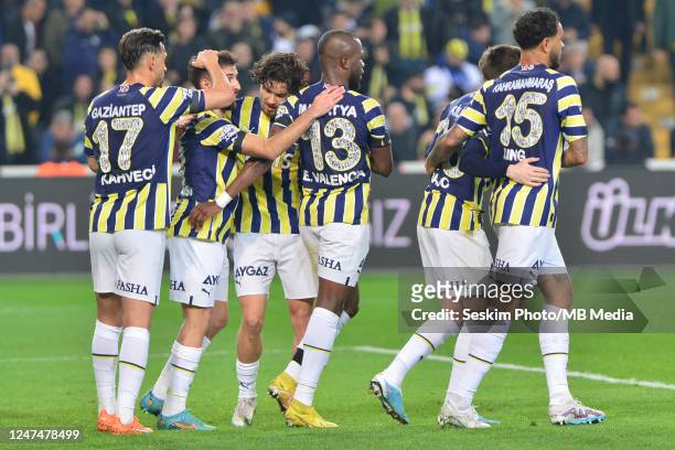 Enner Valencia of Fenerbahce celebrates after scoring the second goal of his team with teammates during the Super Lig match between Fenerbahce and...
