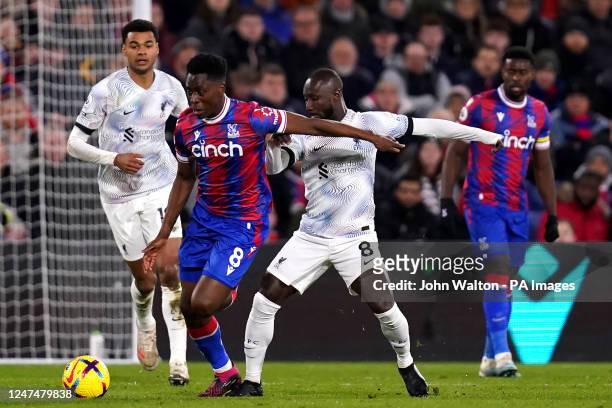 Crystal Palace's Albert-Mboyo Sambi Lokonga and Liverpool's Naby Keita battle for the ball during the Premier League match at Selhurst Park, London....