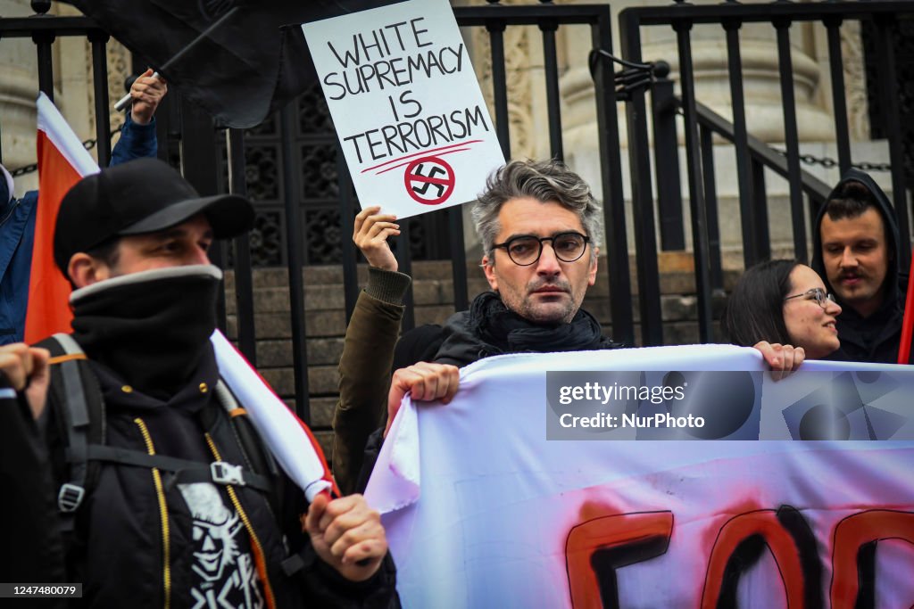 Anti Rofia Anti-fascist and anti-racists organizations protest before the start ...