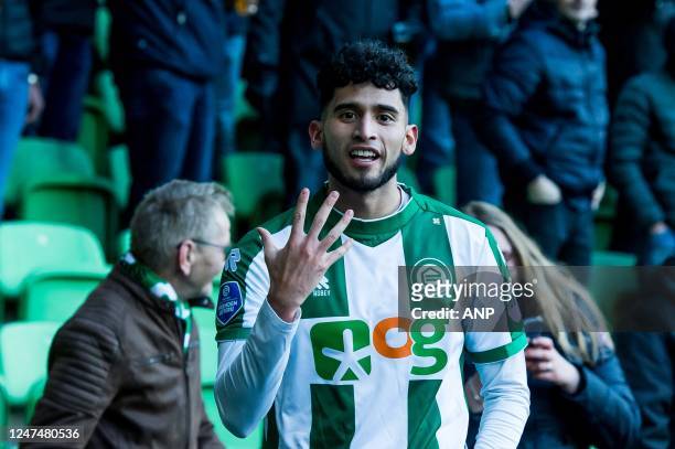 Ricardo Pepi of FC Groningen celebrates his goal, 2-0 during the Dutch premier league match between FC Groningen and Excelsior at Euroborg stadium on...