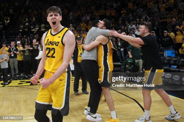 Forward Patrick McCaffery of the Iowa Hawkeyes celebrates after the overtime victory against the Michigan State Spartans at Carver-Hawkeye Arena, on...
