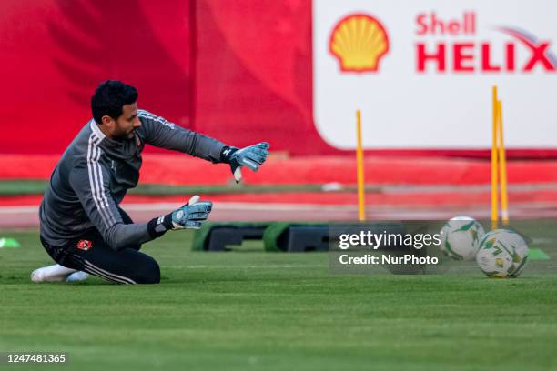 Mohamed El Shenawy, goalkeeper of Al Ahly, is reacting during their last training in preparation for their match against Sun Downs, scheduled for...