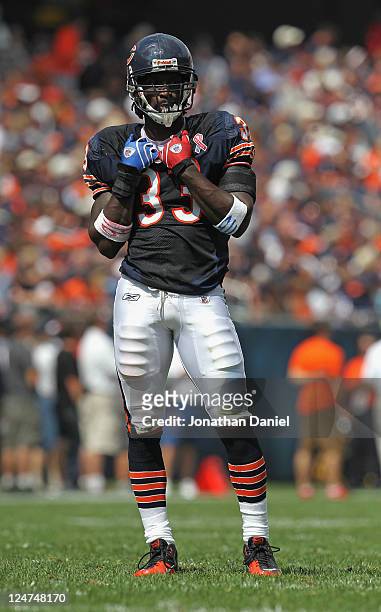 Charles Tillman of the Chicago Bears awaits the start of play against the Atlanta Falcons at Soldier Field on September 11, 2011 in Chicago,...