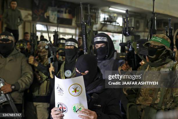 Al-Aqsa Martyrs' Brigades, Qassam Brigades, Quds Brigades, and Abu Ali Mustafa Brigades hold a joint press conference in the Jenin refugee camp on...