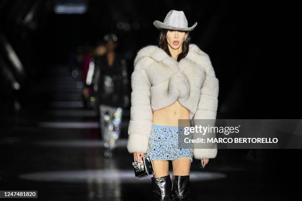 Model Teddy Quinlivan presents a creation for Philipp Plein on February 25, 2023 during the Fall-Winter 2023-2024 Women's Collections as part of the...