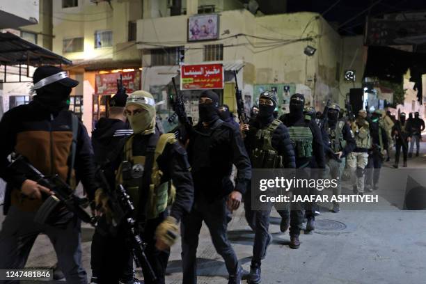 Al-Aqsa Martyrs' Brigades, Qassam Brigades, Quds Brigades, and Abu Ali Mustafa Brigades hold a joint press conference in the Jenin refugee camp on...