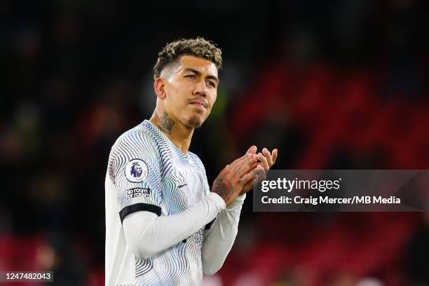 Roberto Firmino of Liverpool applauds the fans after the Premier League match between Crystal Palace and Liverpool FC at Selhurst Park on February...