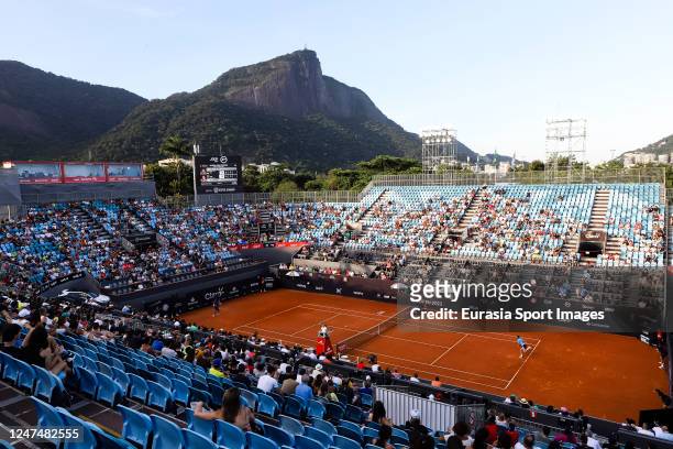 Hugo Dellien of Bolivia plays plays against Cameron Norrie of Great Britain during day five of ATP 500 Rio Open presented by Claro at Jockey Club...