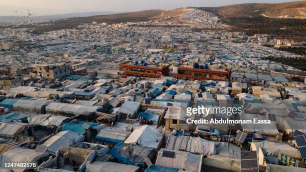 General view shows the camp and town of Atme located north of Idlib and just east of the border of Turkey, on February 25, 2023 in Idlib, Syria....
