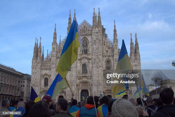 People march in support of Ukraine in Milan, Italy on February 25, 2023 marking the first anniversary of the Russia-Ukraine war. Demonstrators...