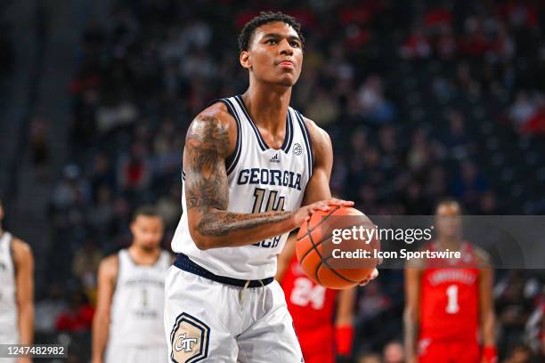 Georgia Tech forward Jalon Moore shoots a free throw during the college basketball game between the Louisville Cardinals and the Georgia Tech Yellow...