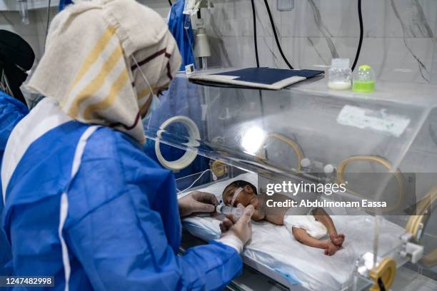 Picture shows premature baby In the incubators section at the the maternity hospital on February 25, 2023 in Idlib, Syria. According to locals more...