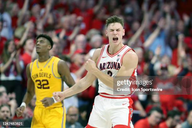 Arizona Wildcats guard Pelle Larsson celebrates a made shot during the second half of a basketball game between the Arizona State Sun Devils and the...