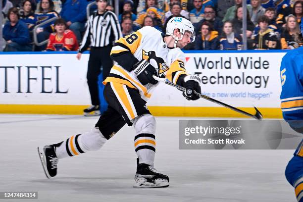 Marcus Pettersson of the Pittsburgh Penguins scores a goal against the St. Louis Blues at the Enterprise Center on February 25, 2023 in St. Louis,...