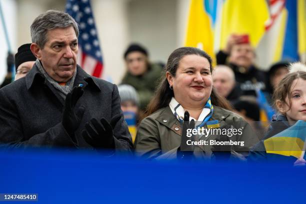 Stavros Lambrinidis, the European Ambassador to the US, left, Oksana Markarova, Ukraine's ambassador to the US, during a rally against Russia's...