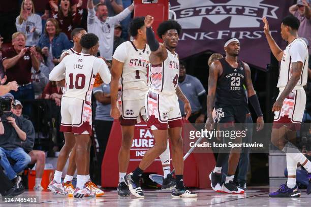 Mississippi State Bulldogs guard Cameron Matthews celebrates a charge call during the game between the Mississippi State Bulldogs and the Texas A&M...