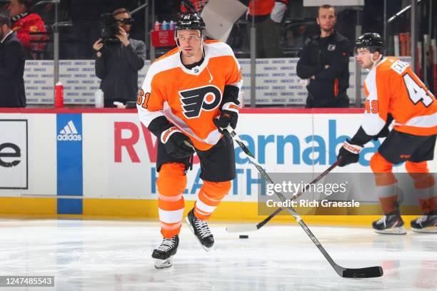 Justin Braun of the Philadelphia Flyers warms up prior to the game against the New Jersey Devils on February 25, 2023 at the Prudential Center in...