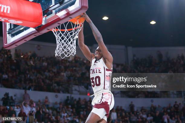 Mississippi State Bulldogs guard Shawn Jones Jr. Finishes a slam dunk during the game between the Mississippi State Bulldogs and the Texas A&M Aggies...