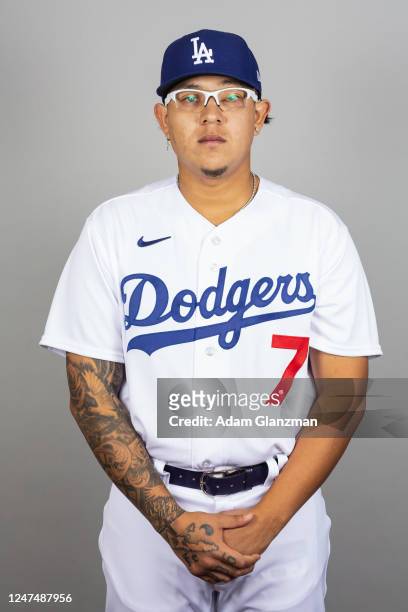 Julio Urias of the Los Angeles Dodgers poses for a photo during the Los Angeles Dodgers Photo Day at Camelback Ranch-Glendale on Wednesday, February...