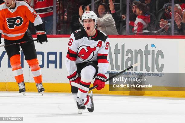 Jack Hughes of the New Jersey Devils celebrates his goal in the second period of the game against the Philadelphia Flyers on February 25, 2023 at the...