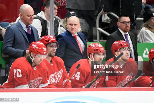 Head coach Derek Lalonde of the Detroit Red Wings, standing, watches as his team played against the Tampa Bay Lightning in the first period of an NHL...