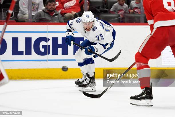 Ross Colton of the Tampa Bay Lightning eyes the puck in the second period of an NHL game against the Detroit Red Wings at Little Caesars Arena on...