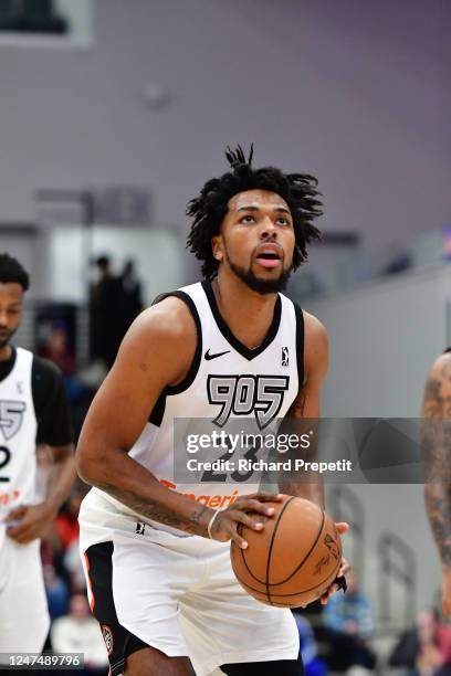 Sterling Brown of the Raptors 905 shoots a free throw against Motor City Cruise on February 25, 2023 at Wayne State Fieldhouse in Detroit, Michigan....