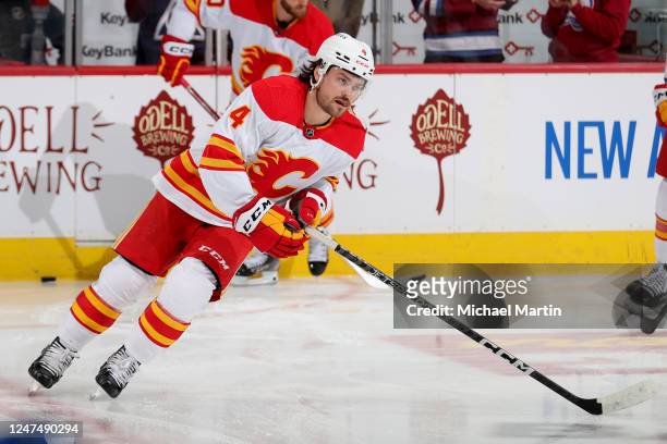Rasmus Andersson of the Calgary Flames skates prior to the game against the Colorado Avalanche at Ball Arena on February 25, 2023 in Denver, Colorado.