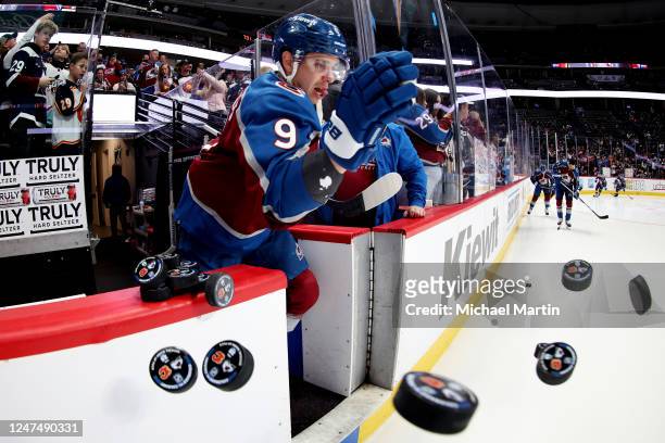 Evan Rodrigues of the Colorado Avalanche takes to the ice prior to the game against the Calgary Flames at Ball Arena on February 25, 2023 in Denver,...