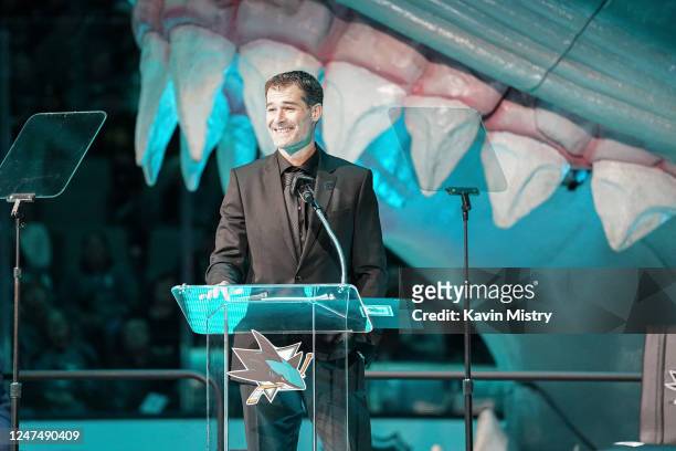 Former San Jose Sharks Patrick Marleau speaks during the Patrick Marleau Jersey Retirement Ceremony prior to the game between the Chicago Blackhawks...